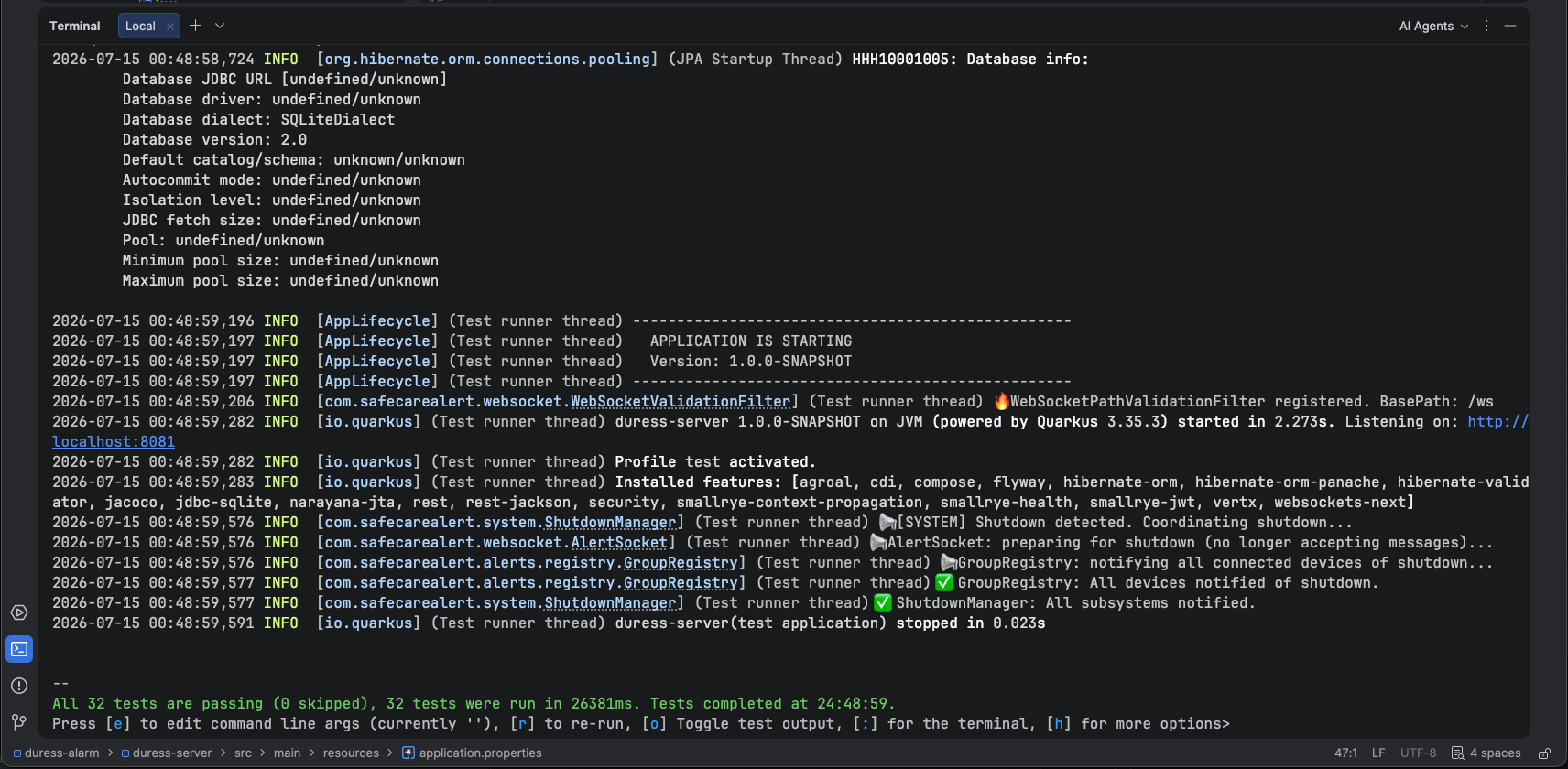 Quarkus Duress Server Console Startup Log